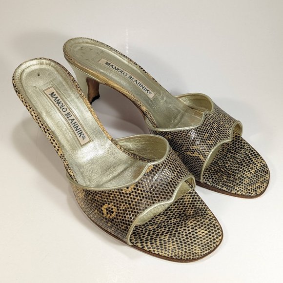 Manolo Blahnik Lizard Roccia Pattern Natural Leather Sandles - Picture 1 of 9